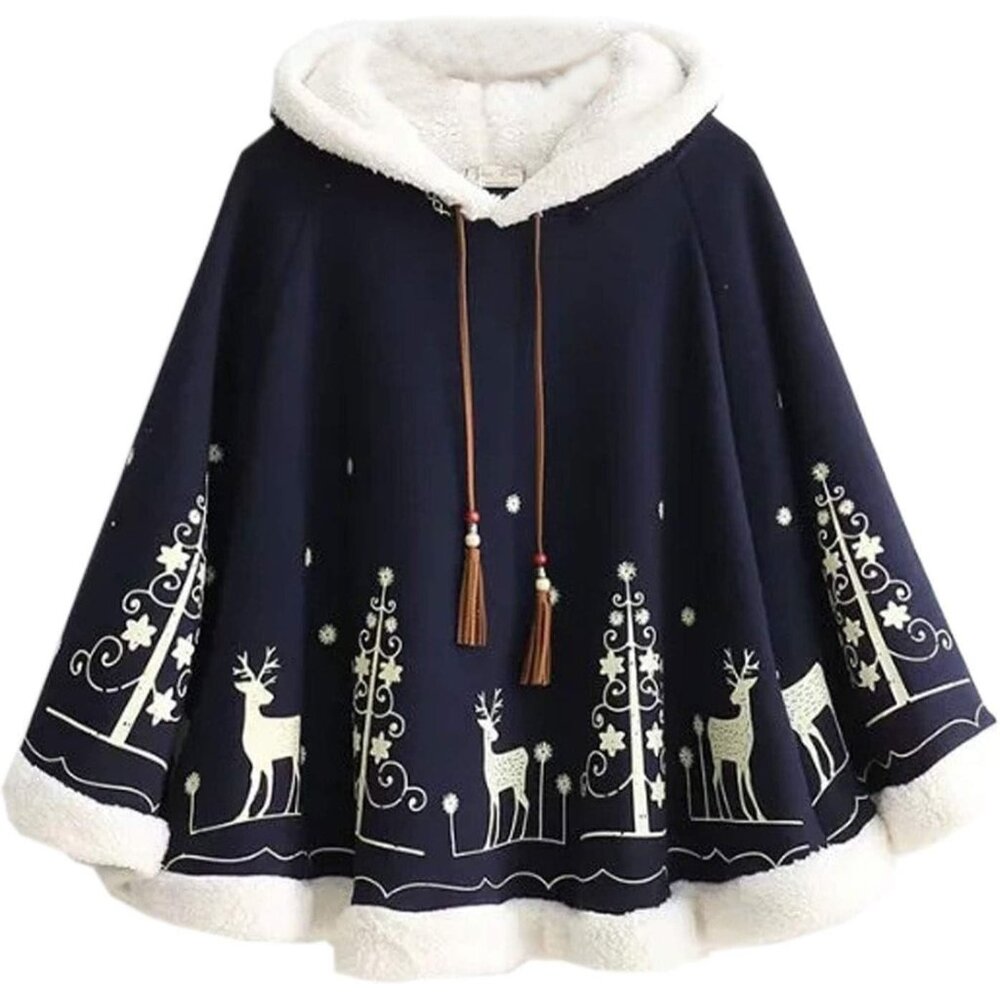 Women's Girl's Cute Fleece Lined Hooded Cape Poncho Cloak Coat Animal Printed